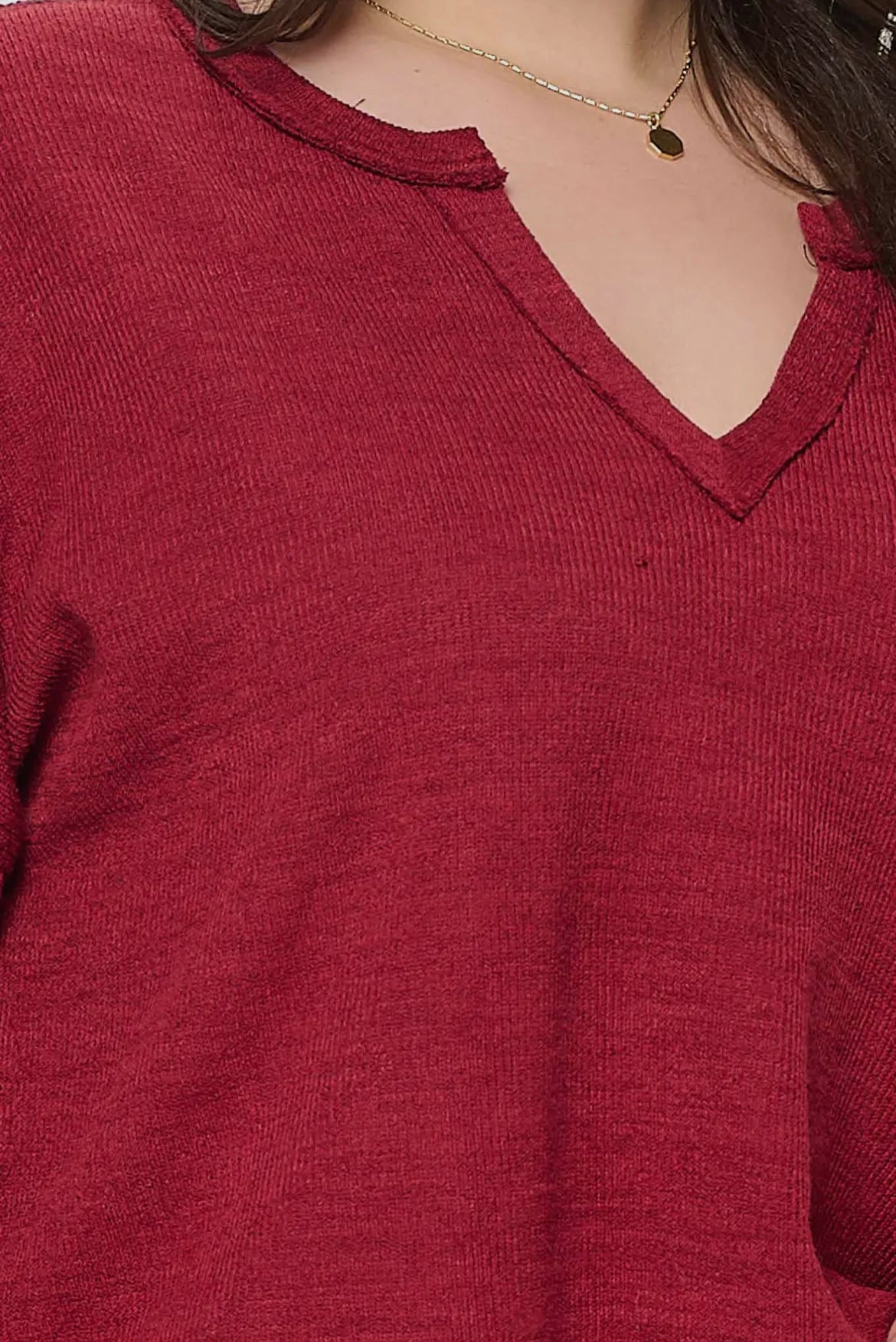 Burgundy Solid Notch Neck Knit Top