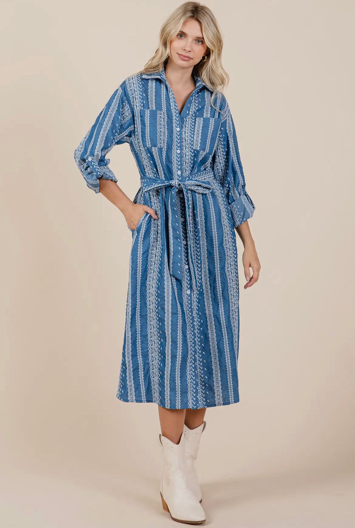 Denim Embroidered Midi Shirt Dress