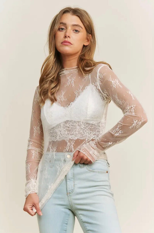 Cream Sheer Mesh Lace Long Sleeve Top