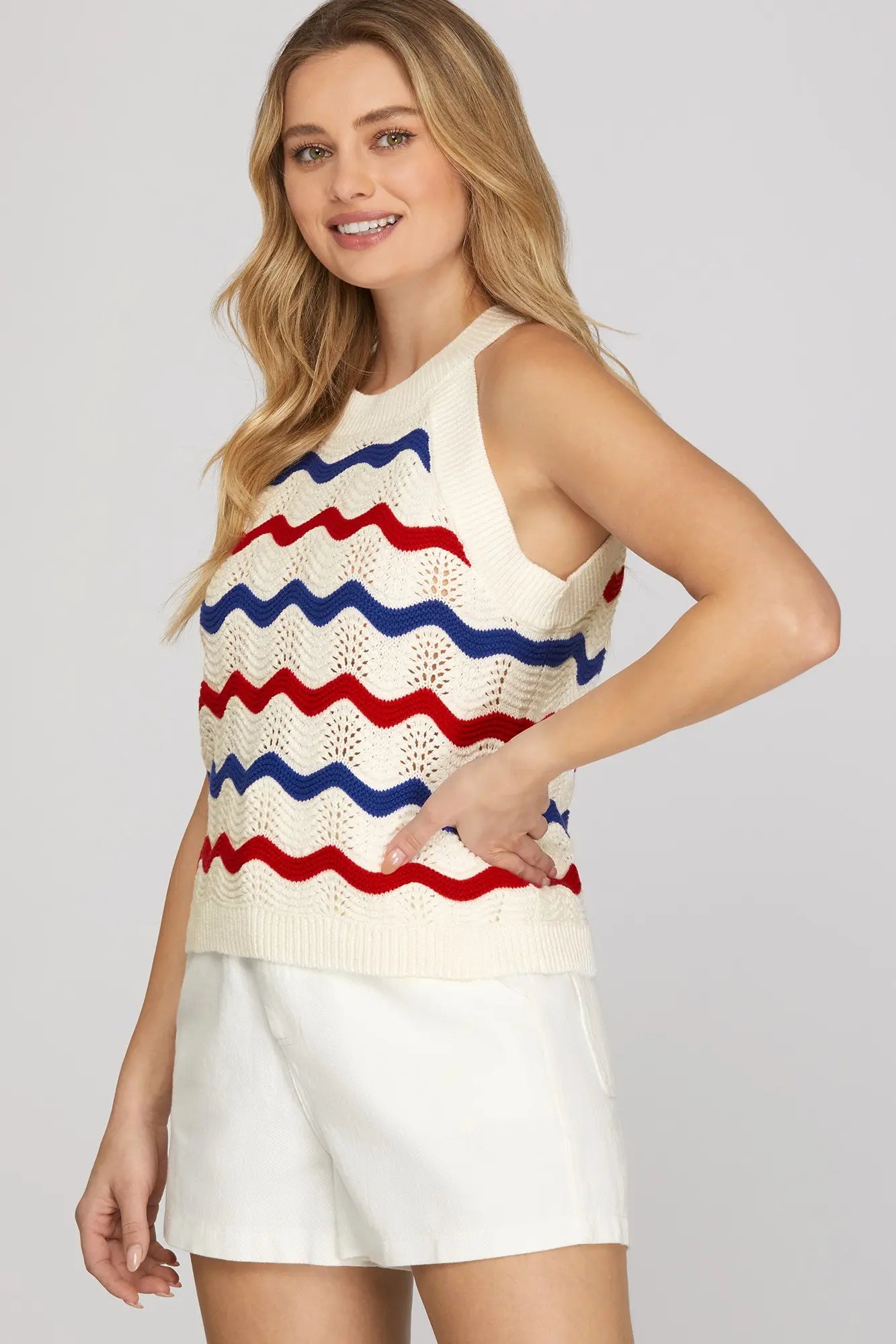 Patriotic Stripes Crochet Knit Sleeveless Top