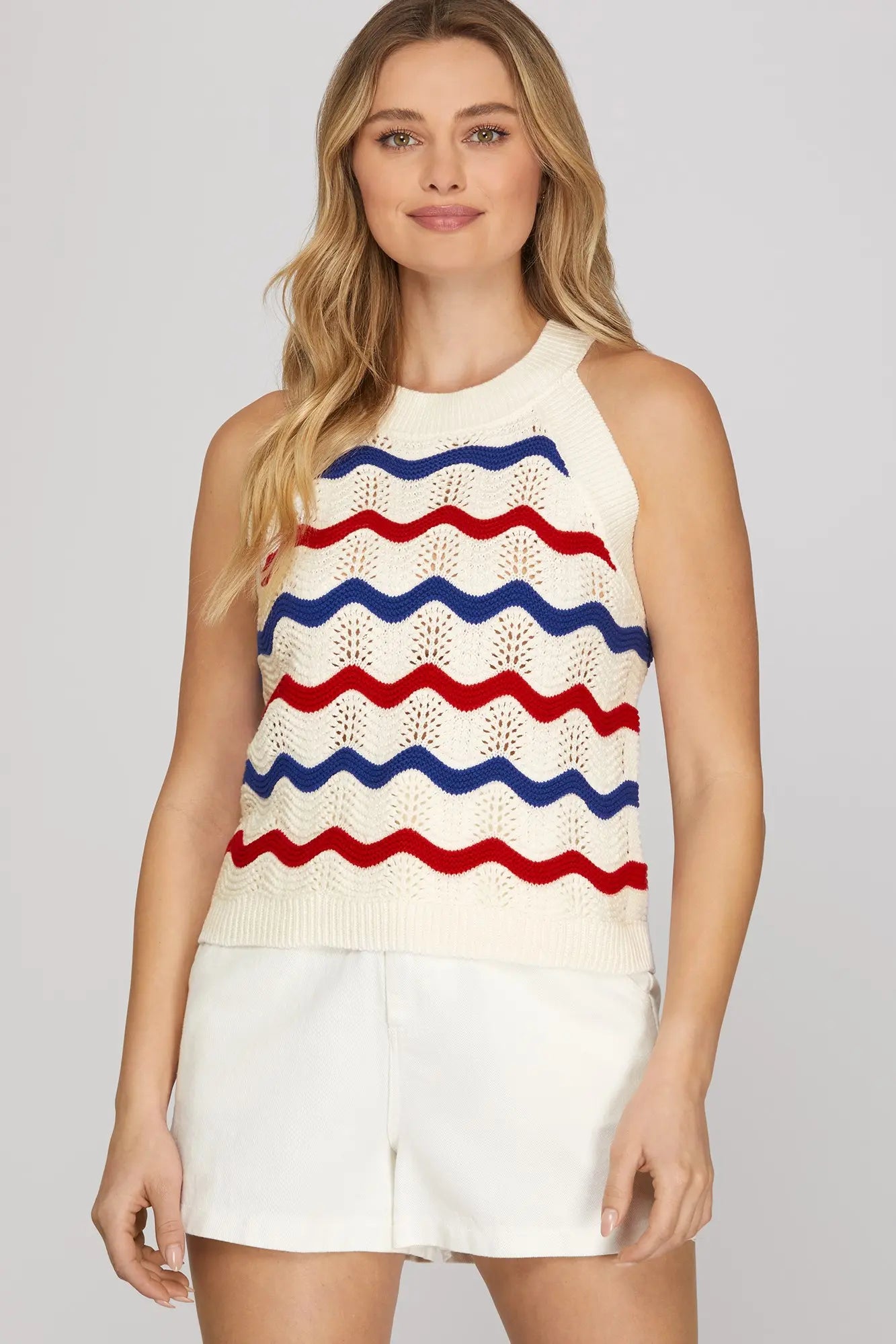Patriotic Stripes Crochet Knit Sleeveless Top