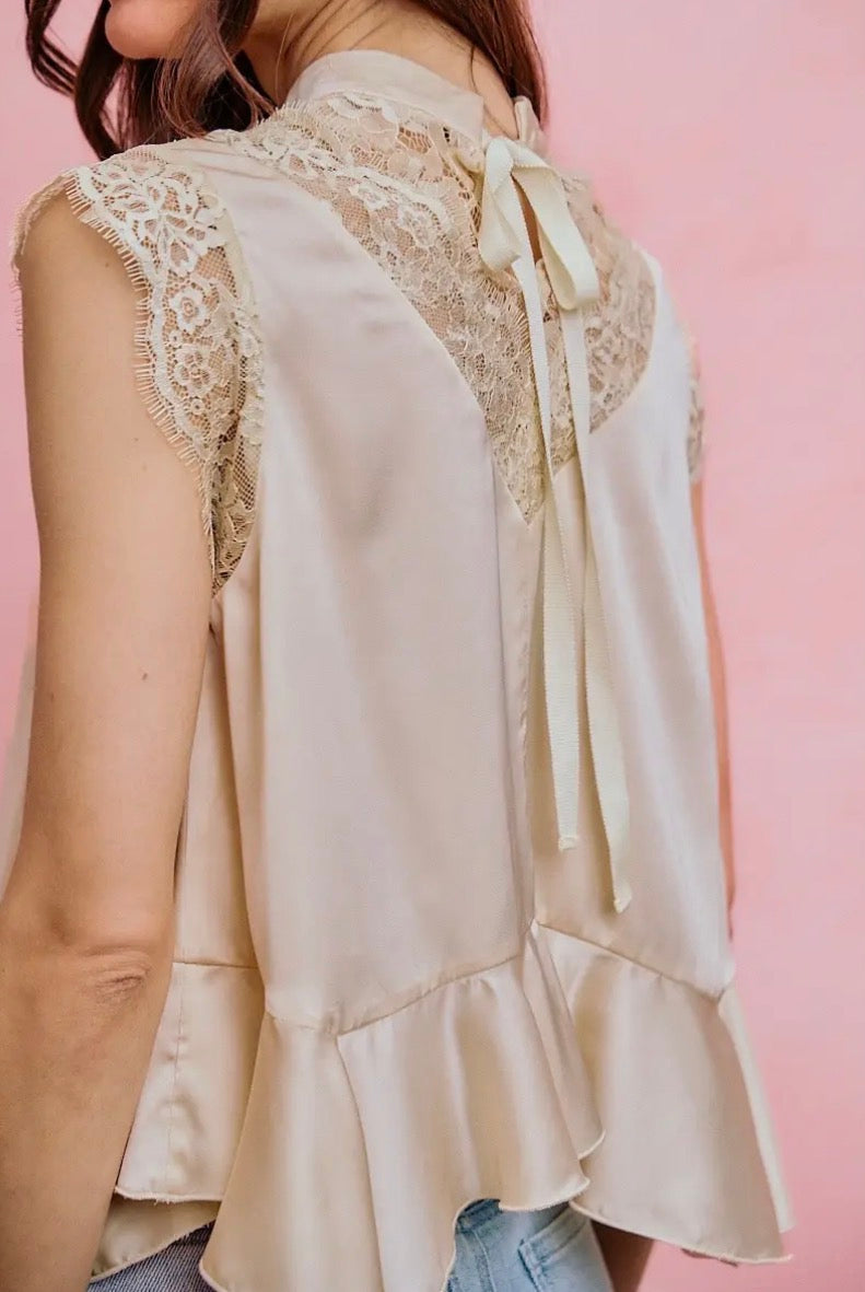 Champagne Satin Lace Peplum Top