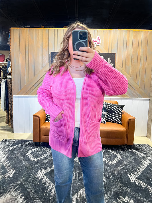 Candy Pink Waffle Knit Cardigan