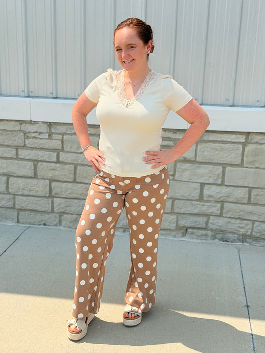 Camel Polka Dot High Rise Wide Leg Pants