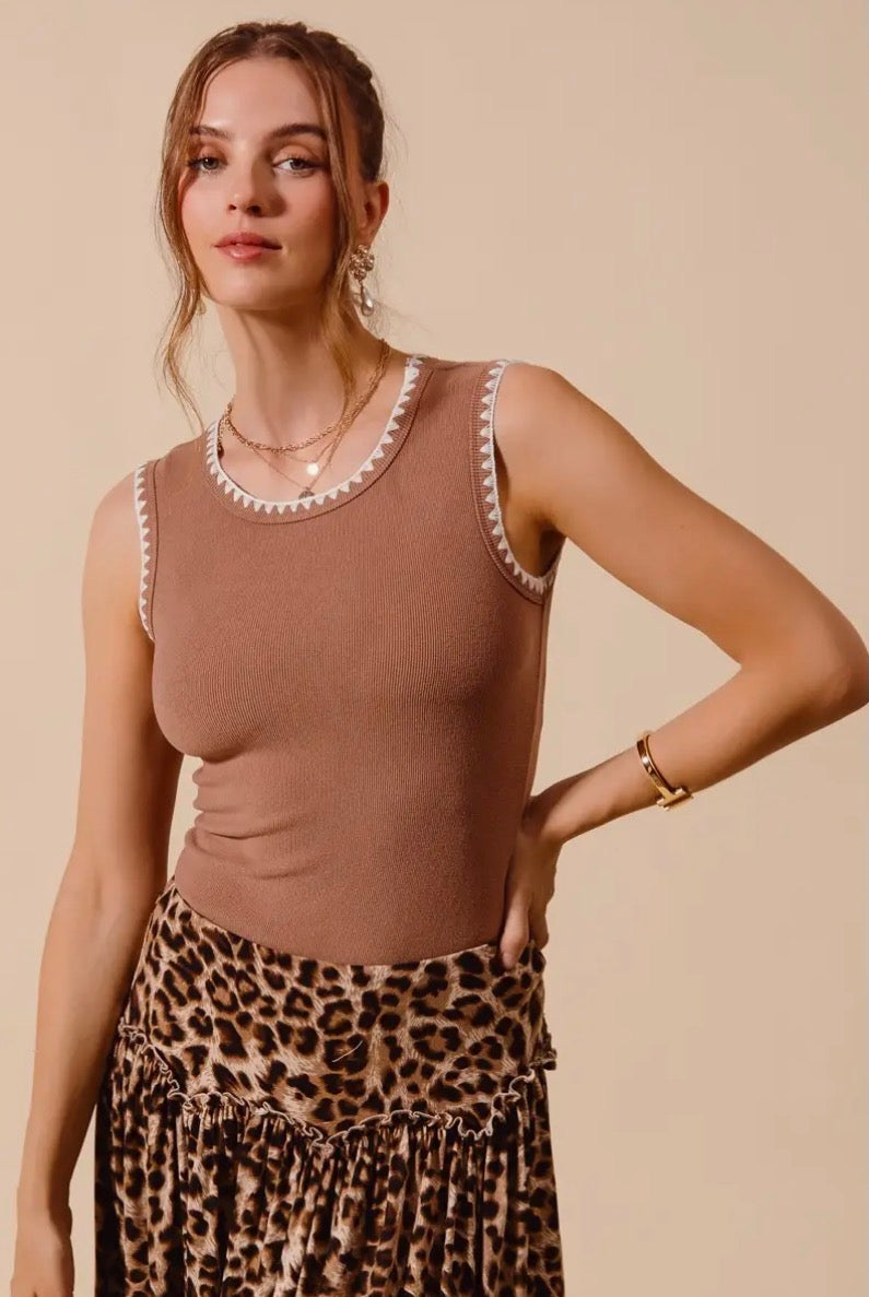 Caramel Embroidered Edge Sleeveless Ribbed Top