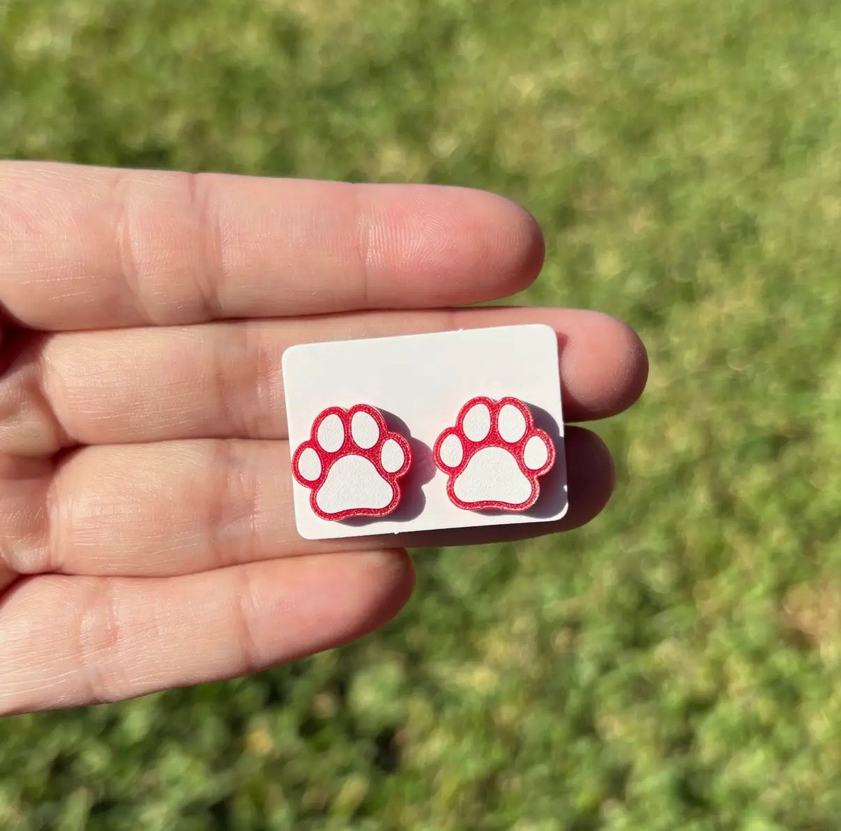 Red & White Paw Stud Earrings