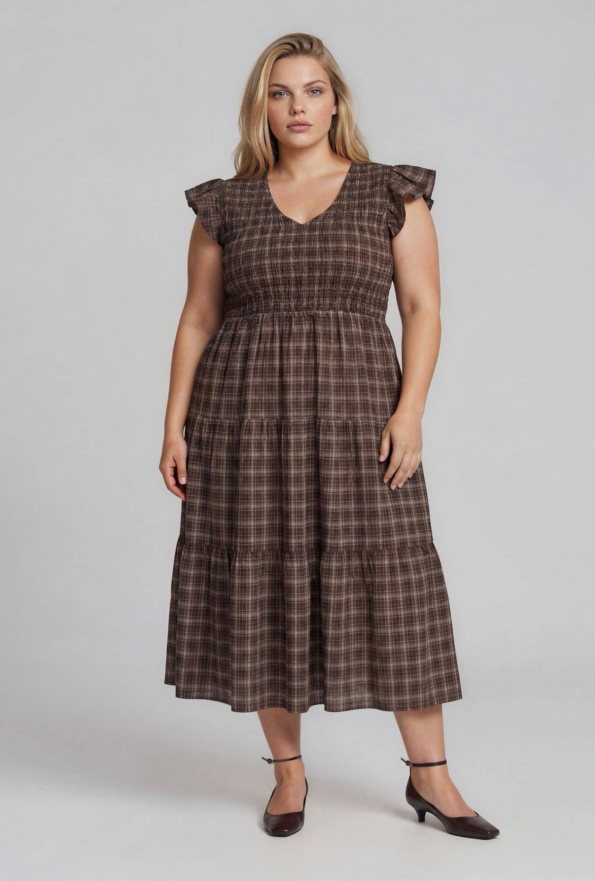 Brown Plaid Smocked Flutter Sleeve Dress