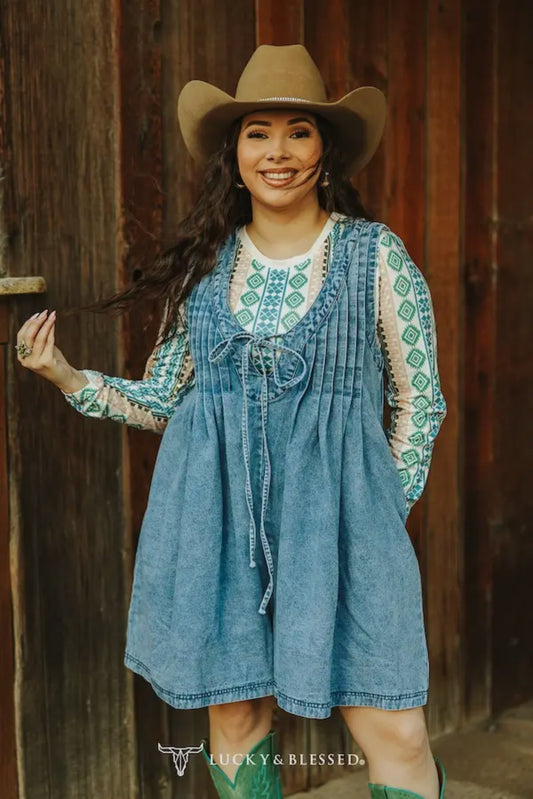 MEDIUM Light Stone Wash Denim Tie Front Bubble Romper