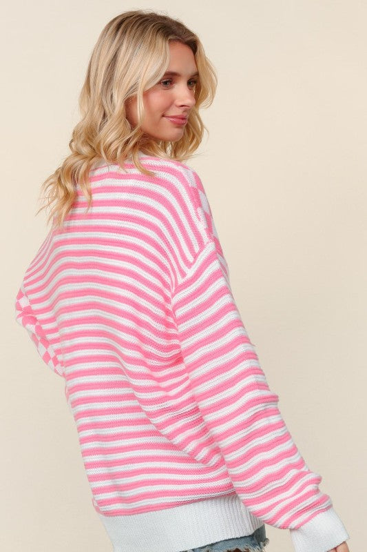 Pink Checkered + Stripes Button Cardigan