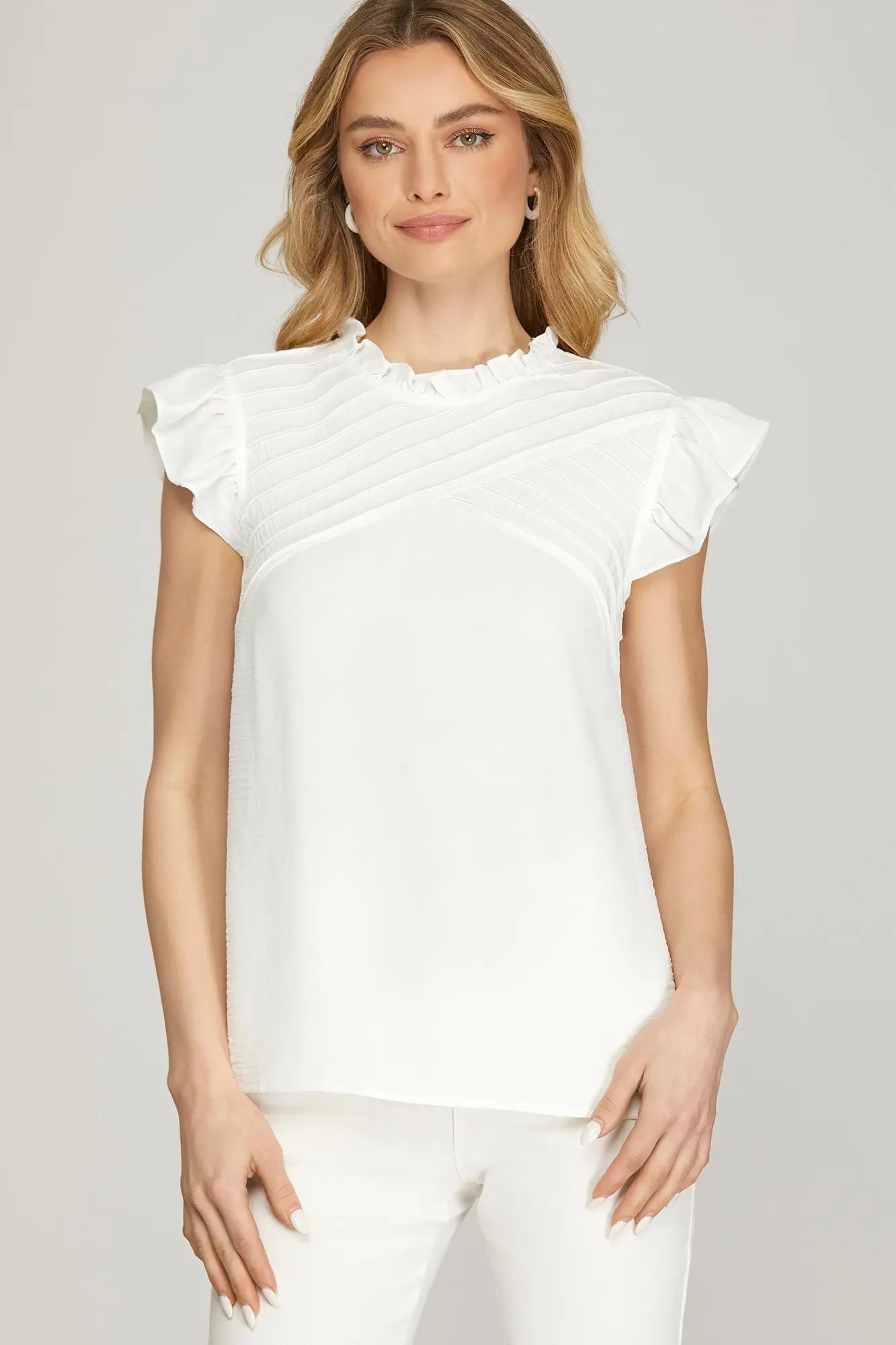Ivory Ruffle Detail Pintuck Top