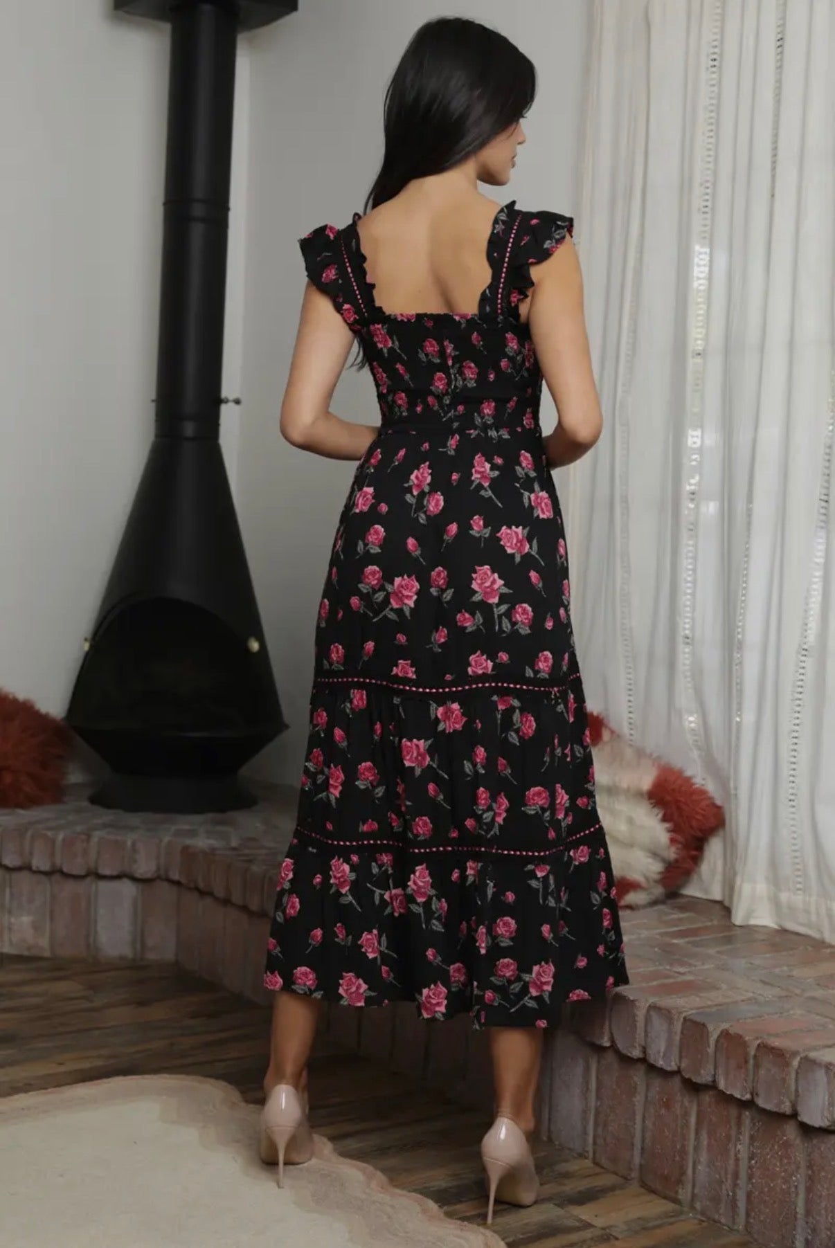 Black & Pink Floral Tiered Maxi Dress