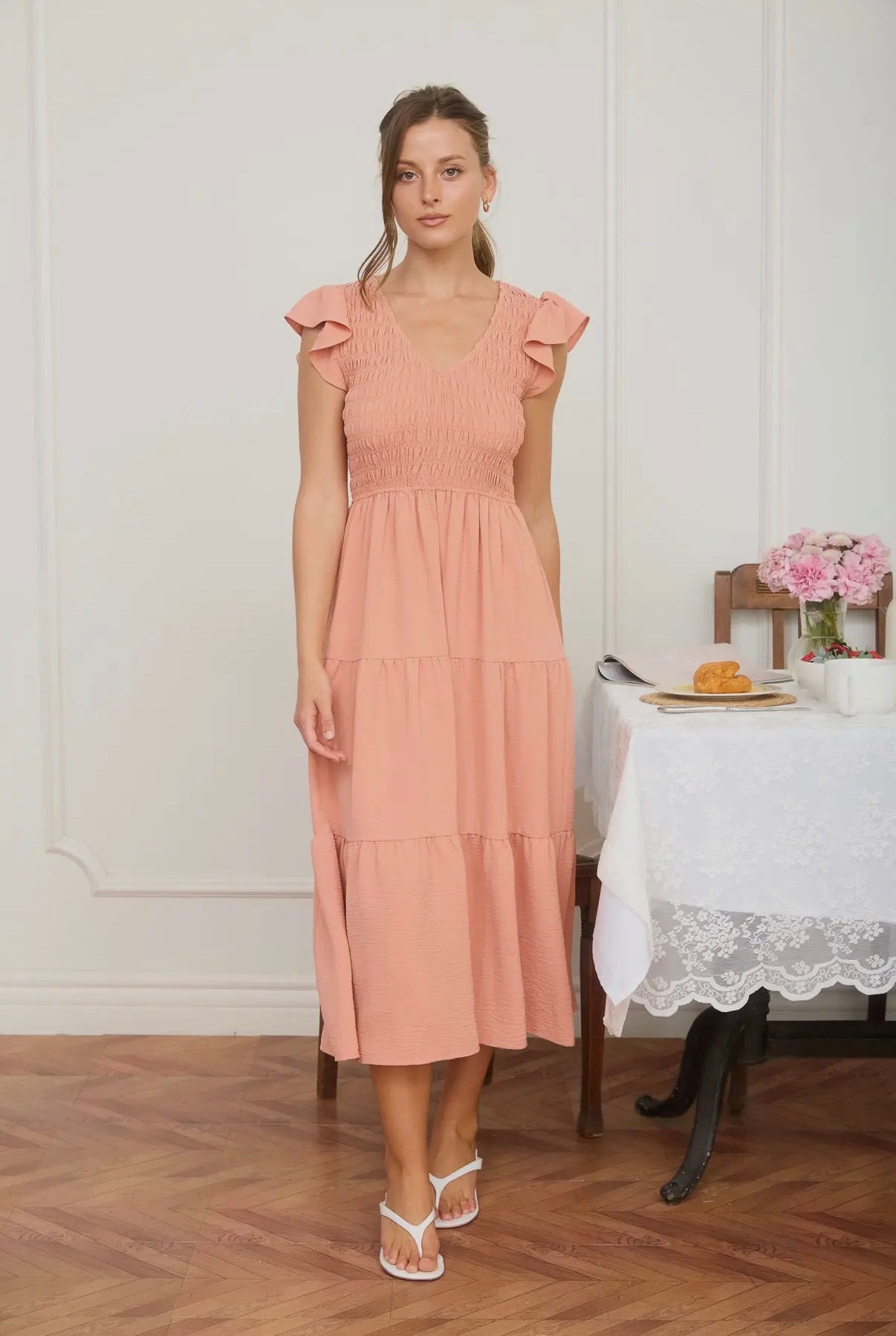 2XL Peach Smocked Flutter Sleeve Midi Dress