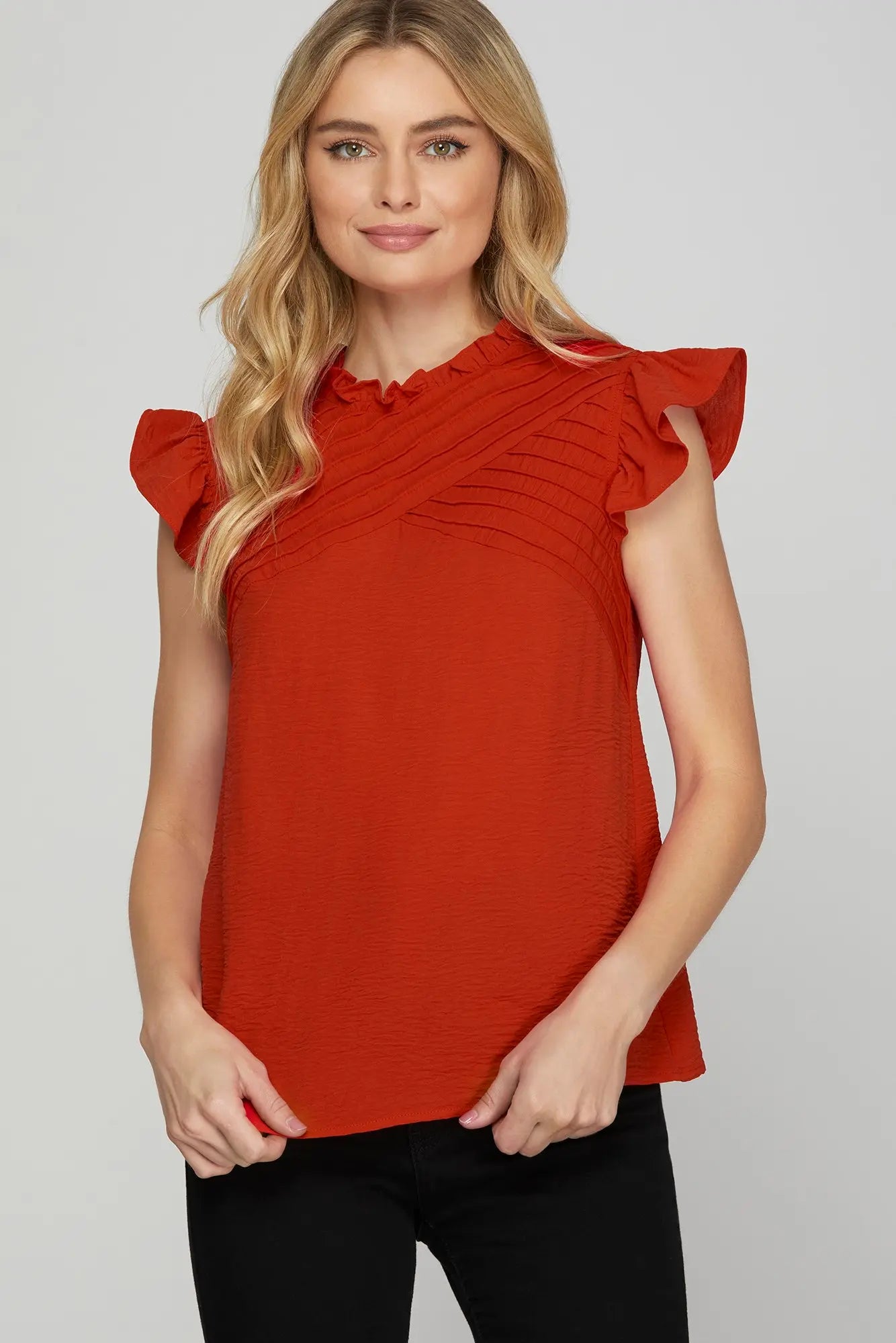 Red Ruffle Detail Pintuck Top