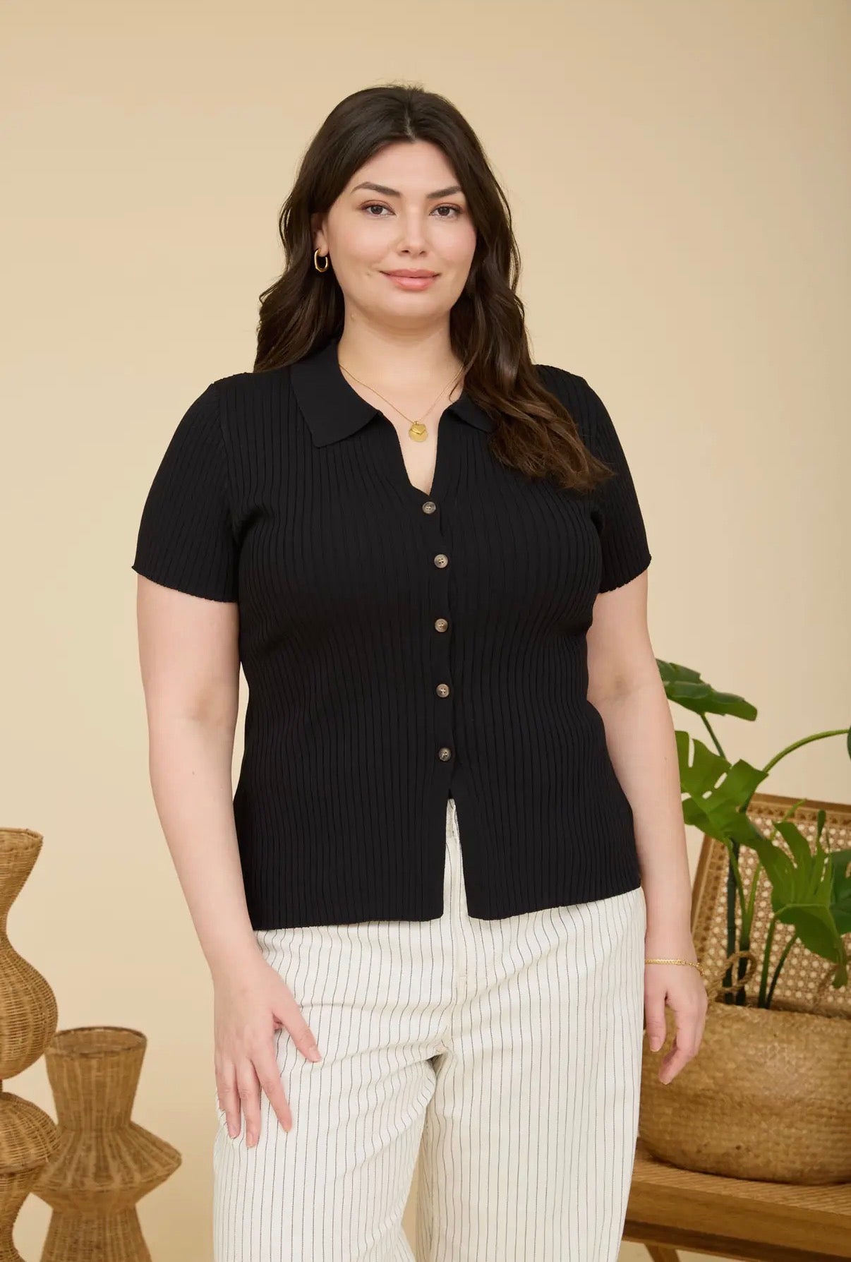Black Ribbed Collared Short Sleeve Top