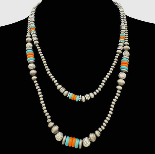 Turquoise + Orange Double Strand Desert Pearl Necklace