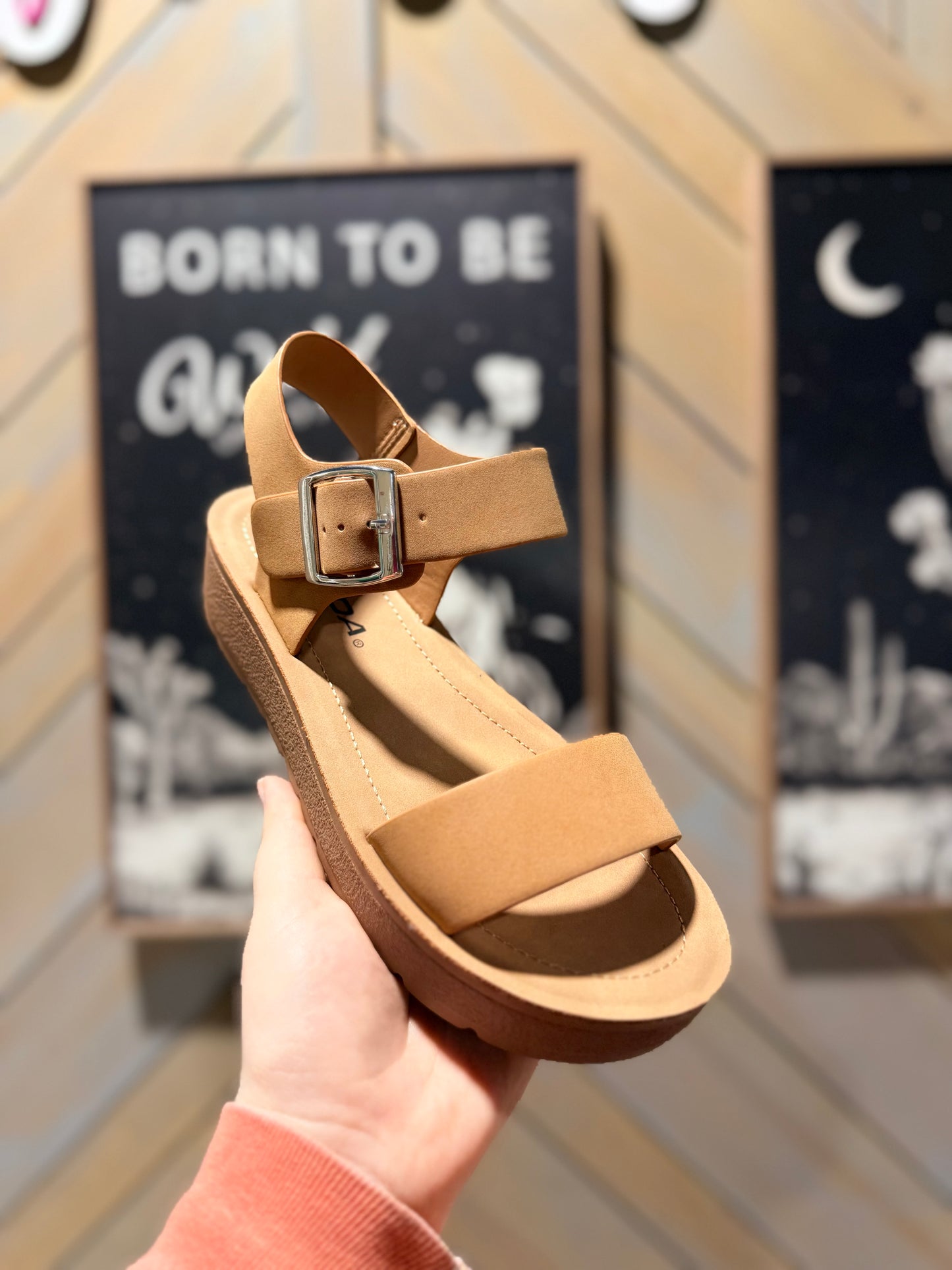 Tan Delaney Buckle Platform Sandals