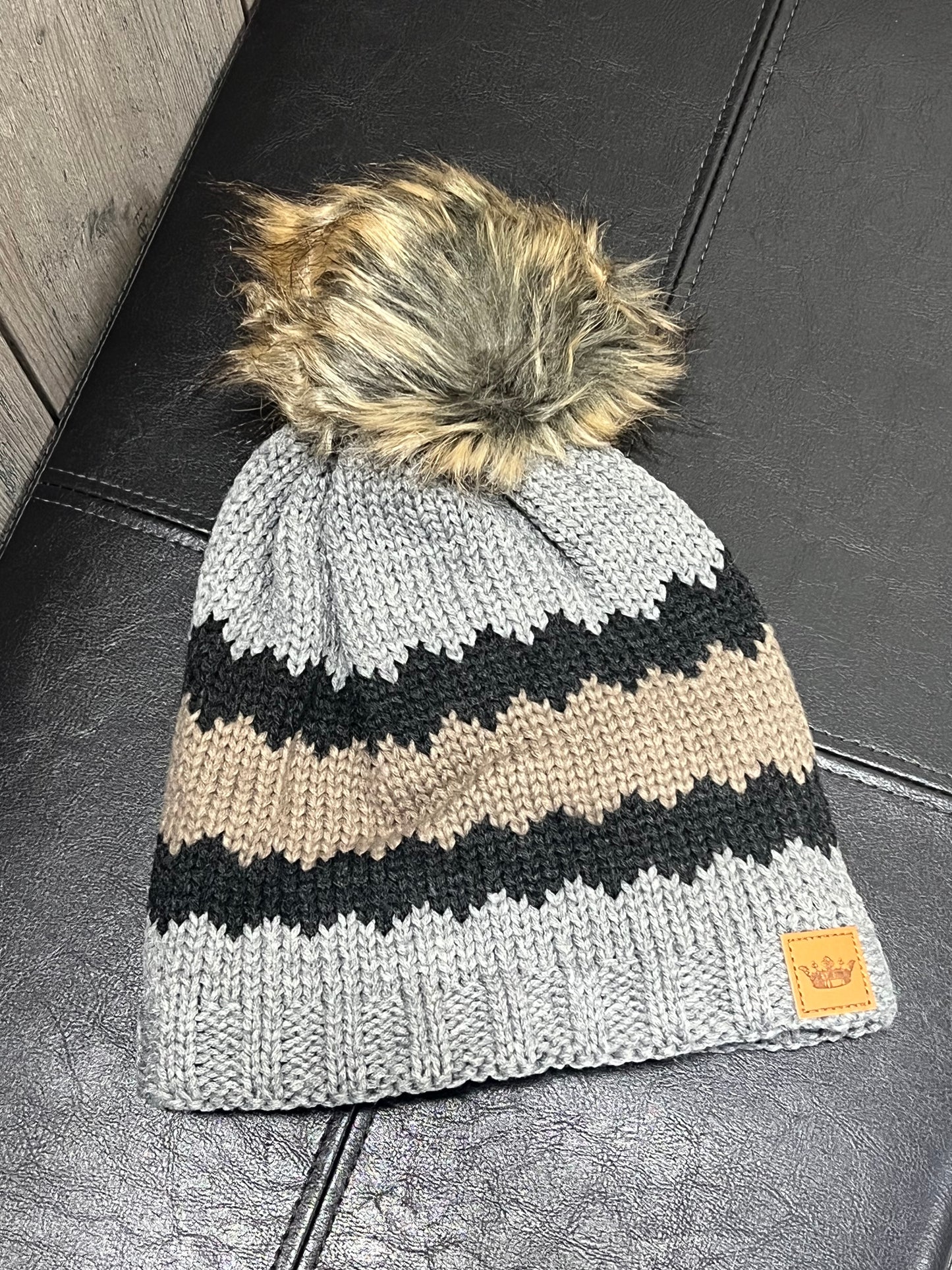 Grey/Taupe/Charcoal Knit Pom Beanie