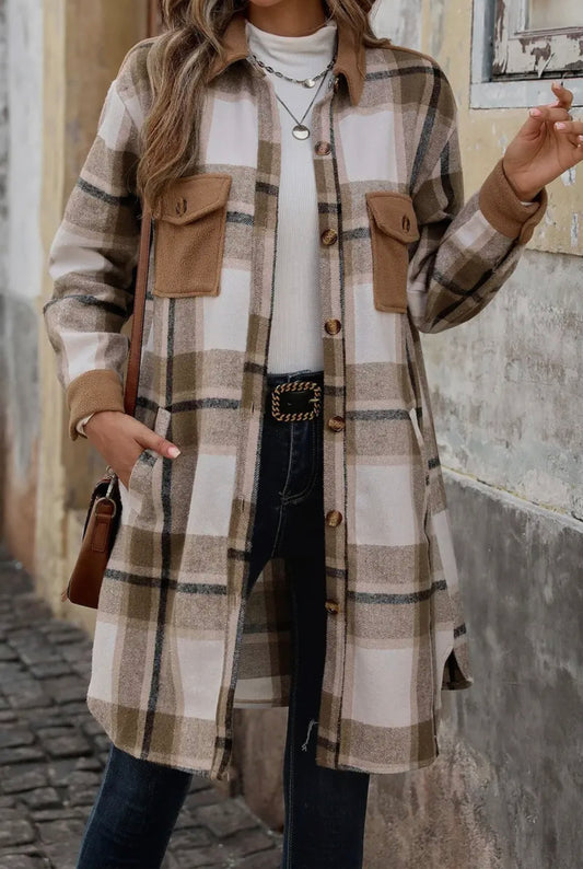 Camel Plaid Mid-Length Shacket