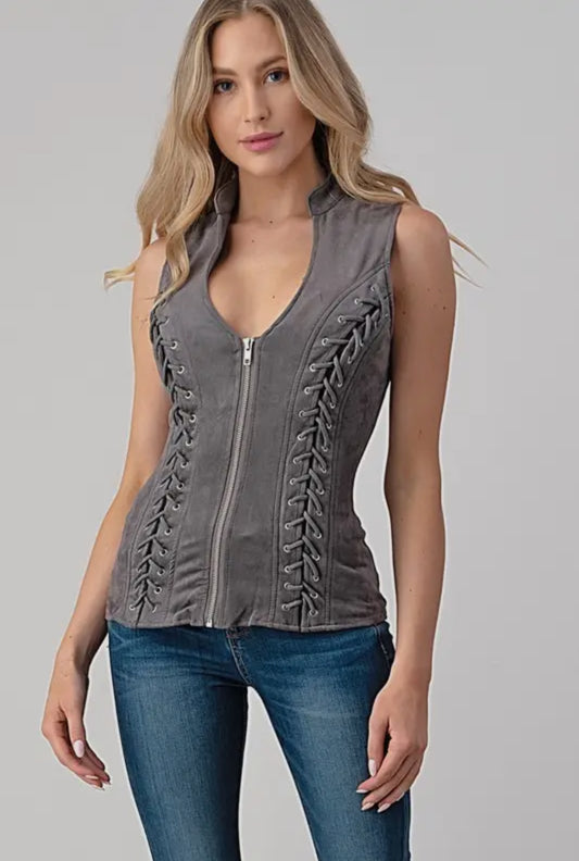 Suede Sleeveless Lace Up Top