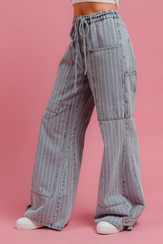 Vintage Striped Cargo Wide Leg Denim Pants
