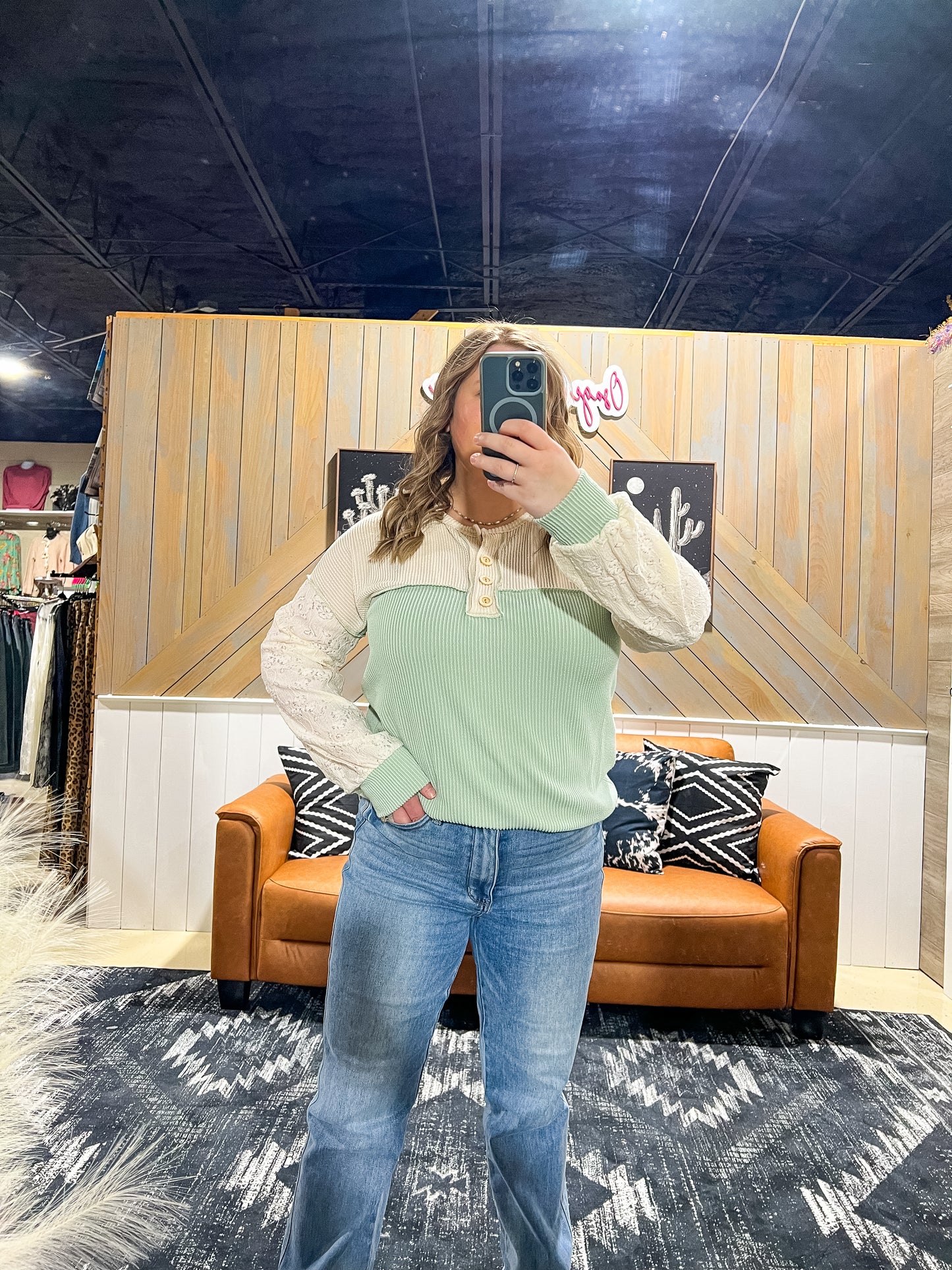 Sage Ribbed Lace Detail Long Sleeve Top