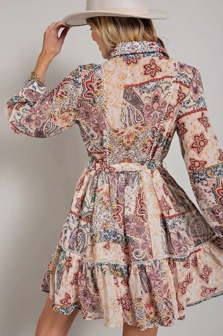 Pretty Paisley Long Sleeve Button Down Shirt Dress