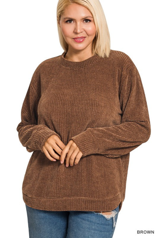 Brown Chenille Waffle Knit Sweater