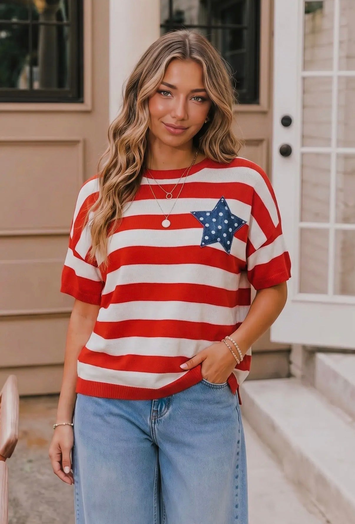Red Stripe + Star Patch Top