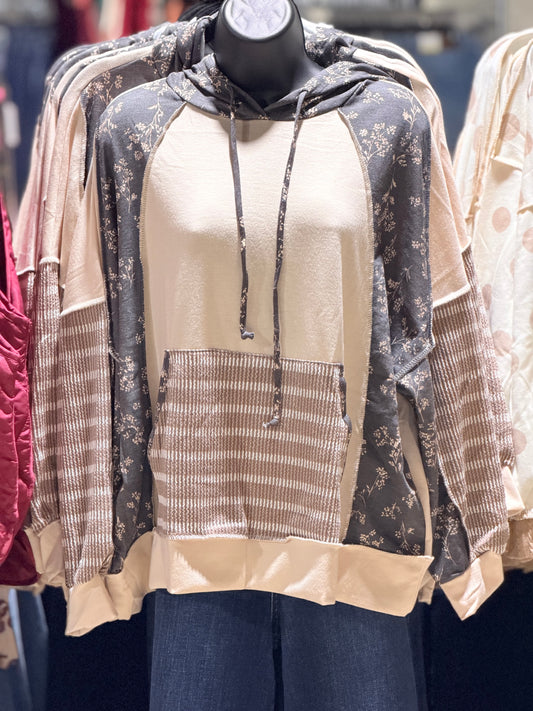 Oatmeal Floral + Stripes Lightweight Hoodie