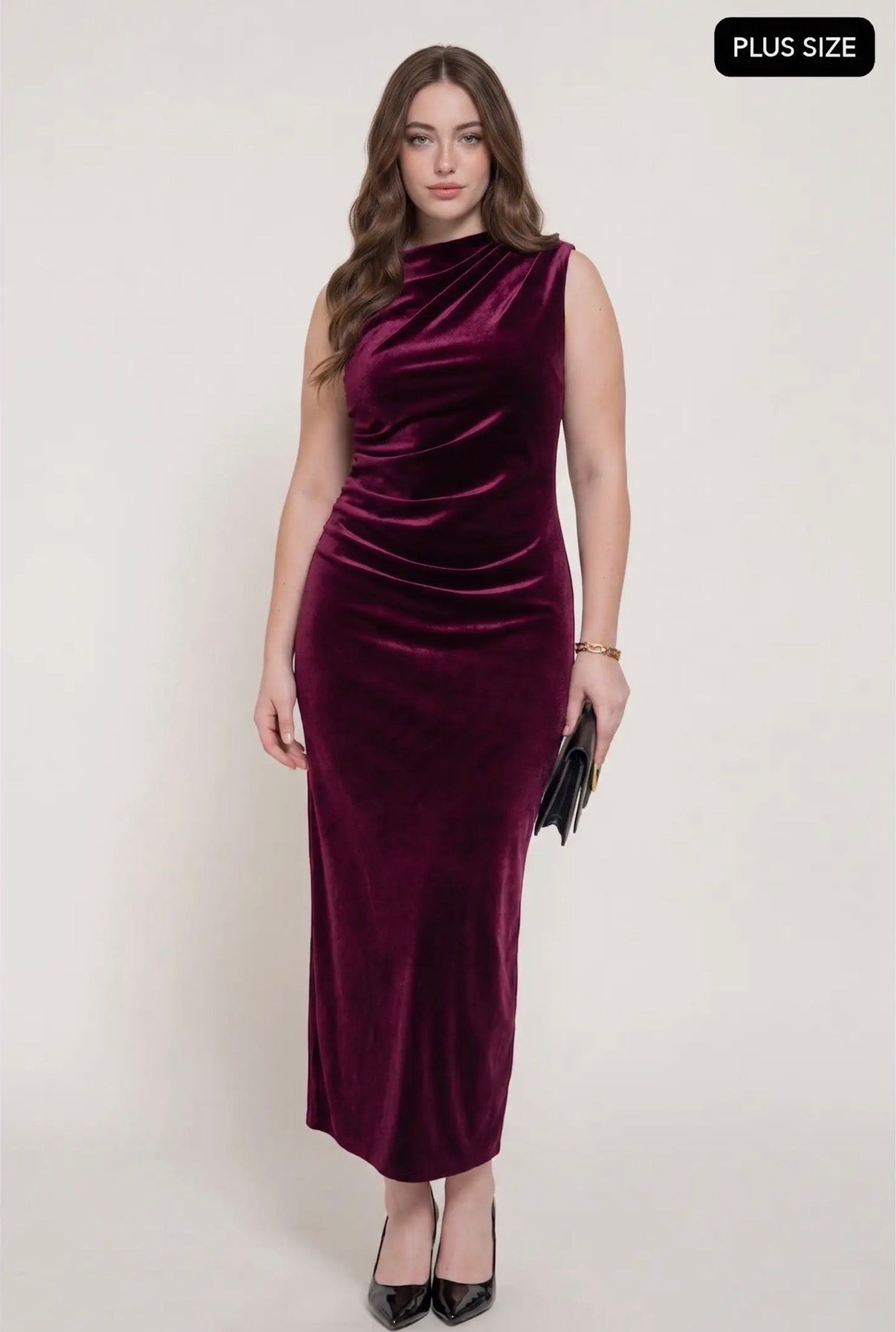 Wine Sleeveless Ruched Velvet Dress