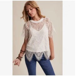 Cream Scalloped Lace Short Sleeve Top