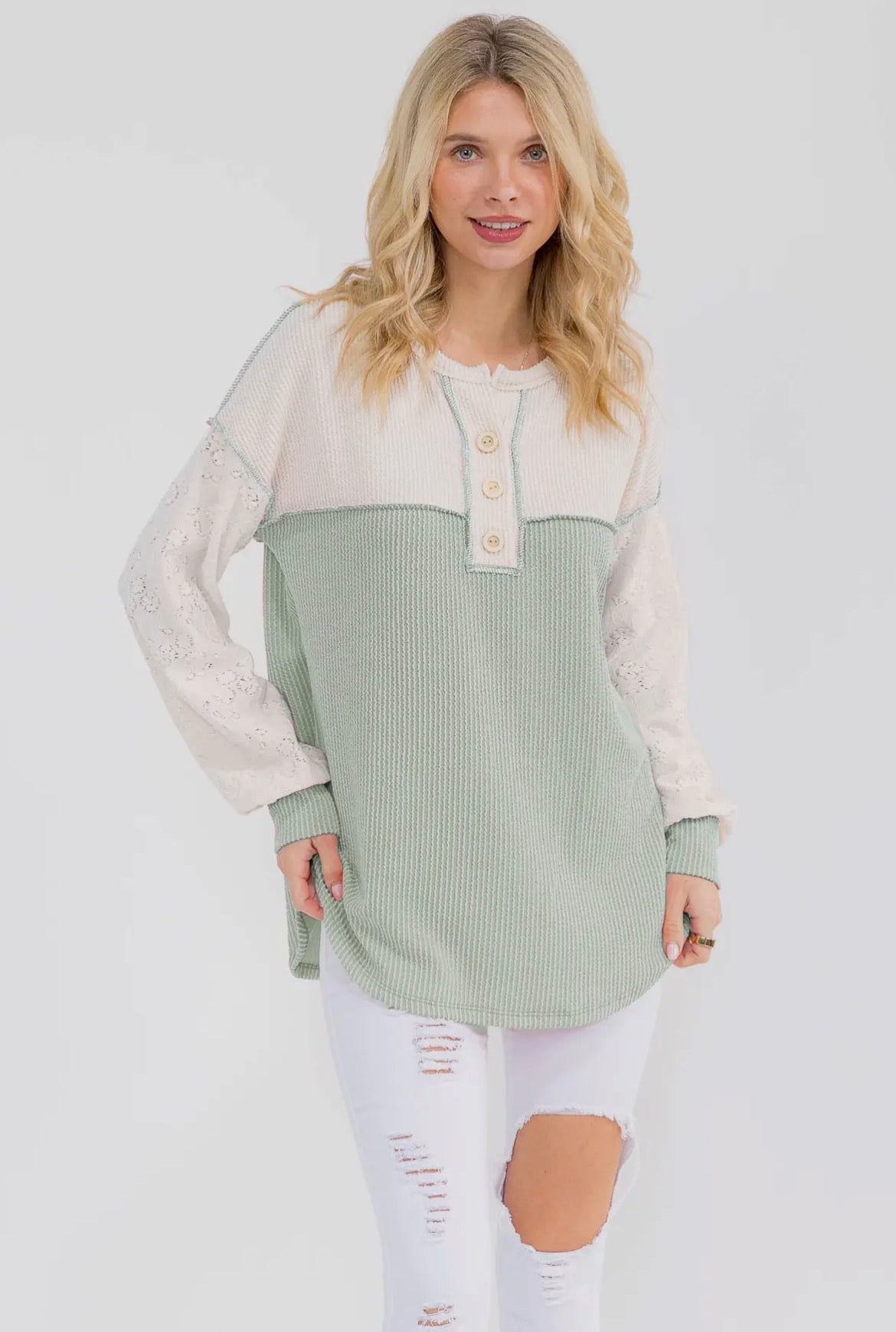 Sage Ribbed Lace Detail Long Sleeve Top