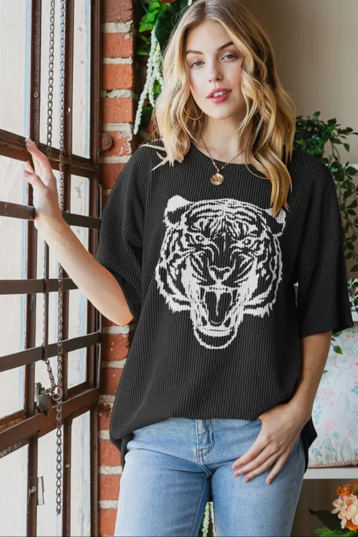 Black Tiger Ribbed Top