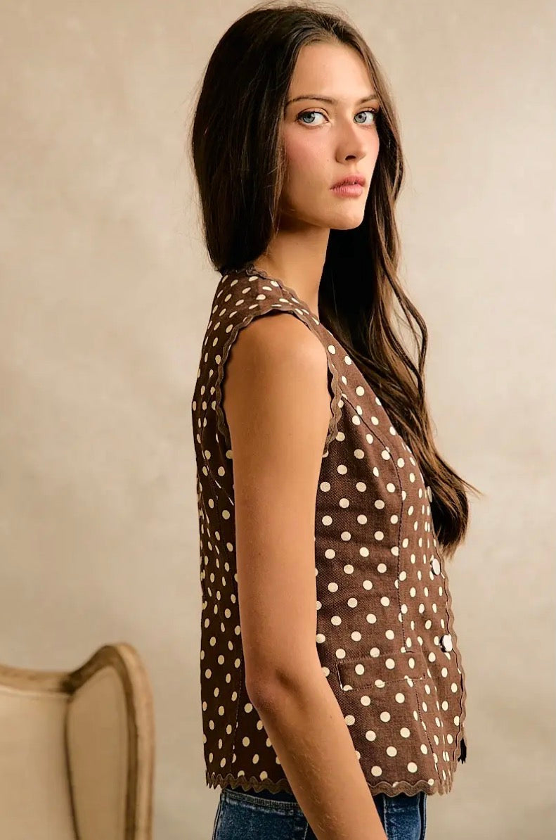Brown Polka Dot Twill Vest
