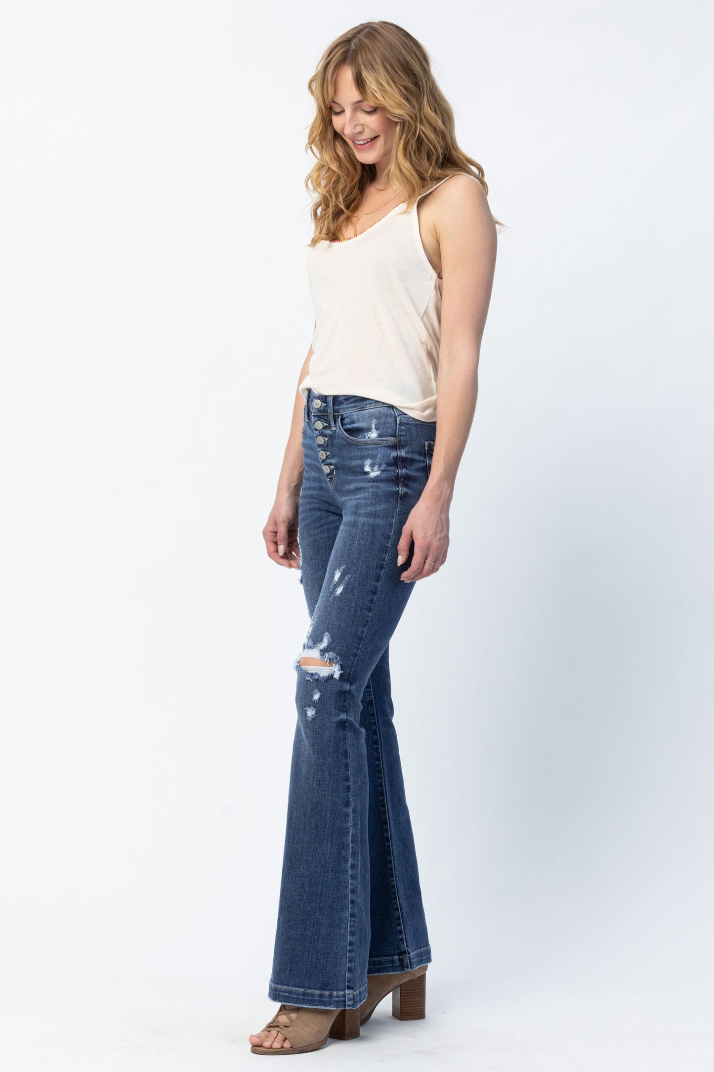 Judy Blue Kierstin Mid-Rise Buttonfly Distressed Flare Jeans (JB 82430)