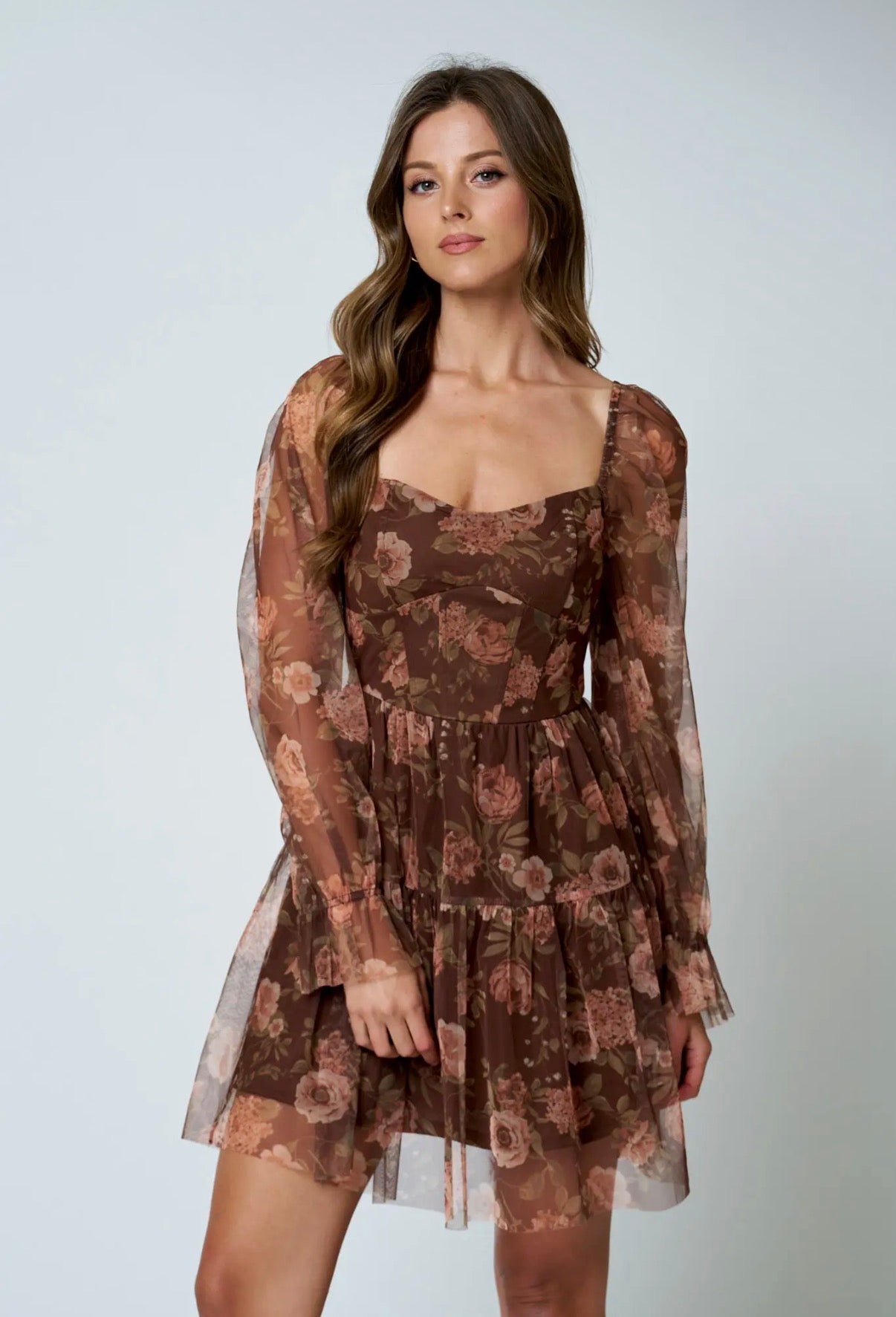 Brown Floral Chiffon Corset Dress