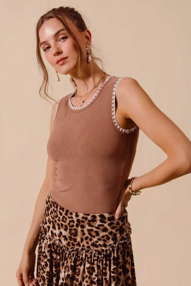 Caramel Embroidered Edge Sleeveless Ribbed Top