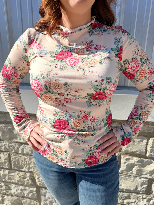 Oatmeal Floral Mock Neck Long Sleeve Top