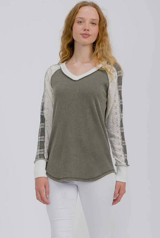 Olive + Plaid Ribbed Colorblock Long Sleeve Top