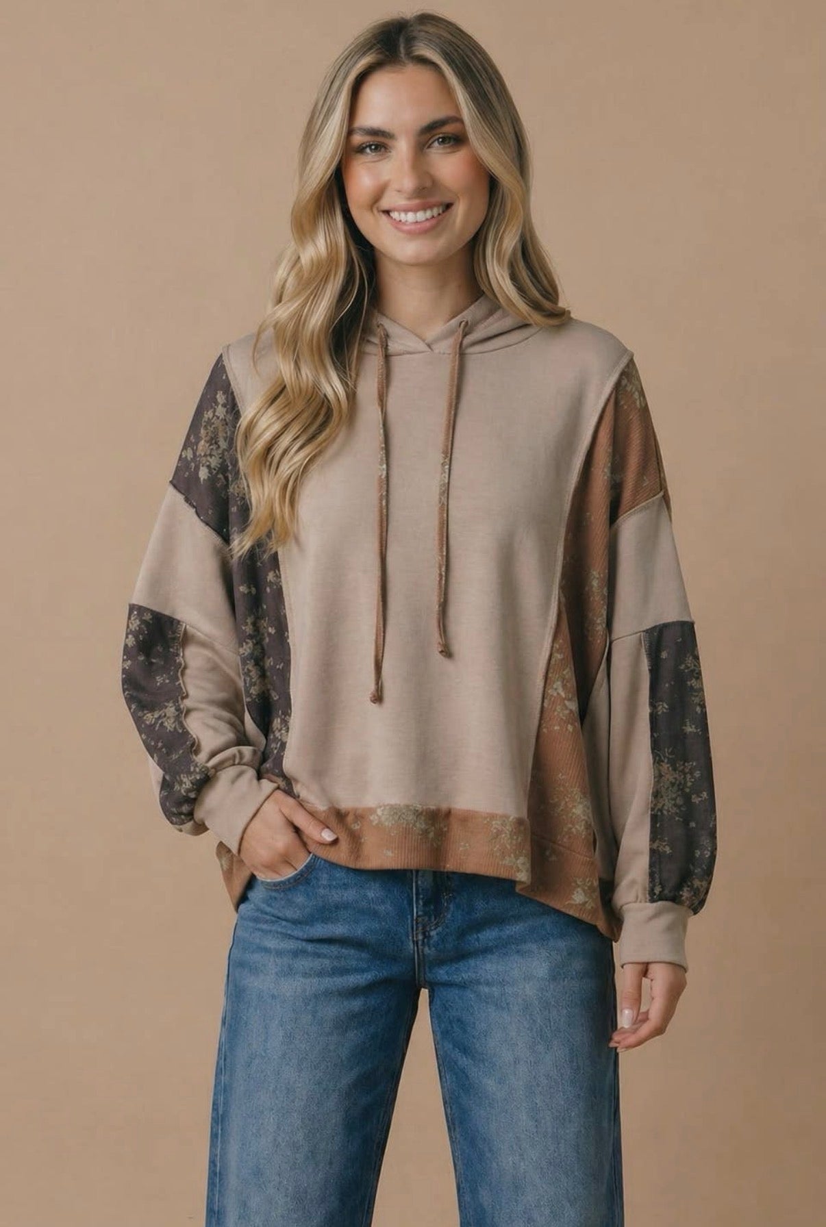 Taupe Floral Colorblock Hoodie