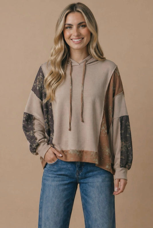 Taupe Floral Colorblock Hoodie