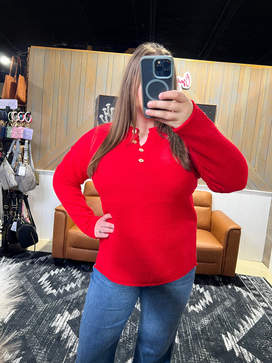 Ruby Red Button Henley Sweater