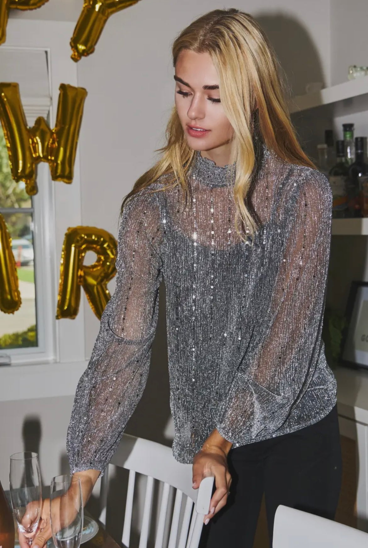 Gunmetal Sparkly Mesh Long Sleeve Blouse