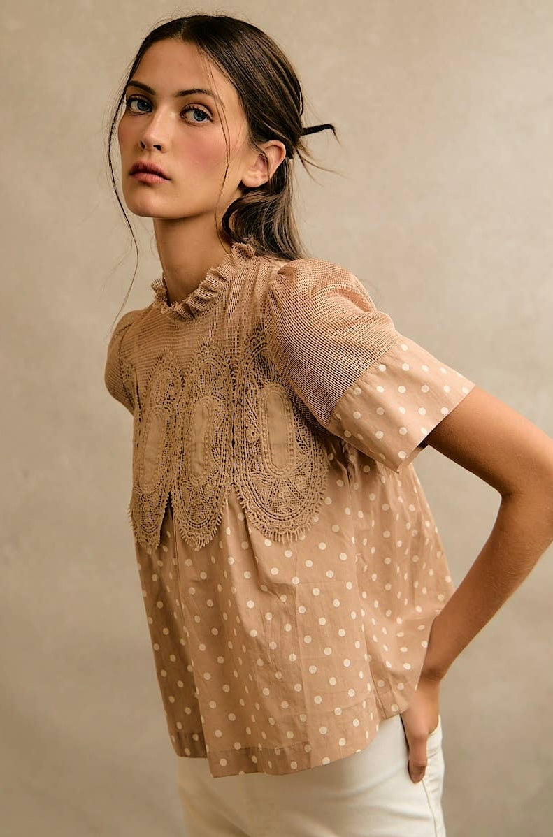 Beige Polka Dot Lace Trim Top