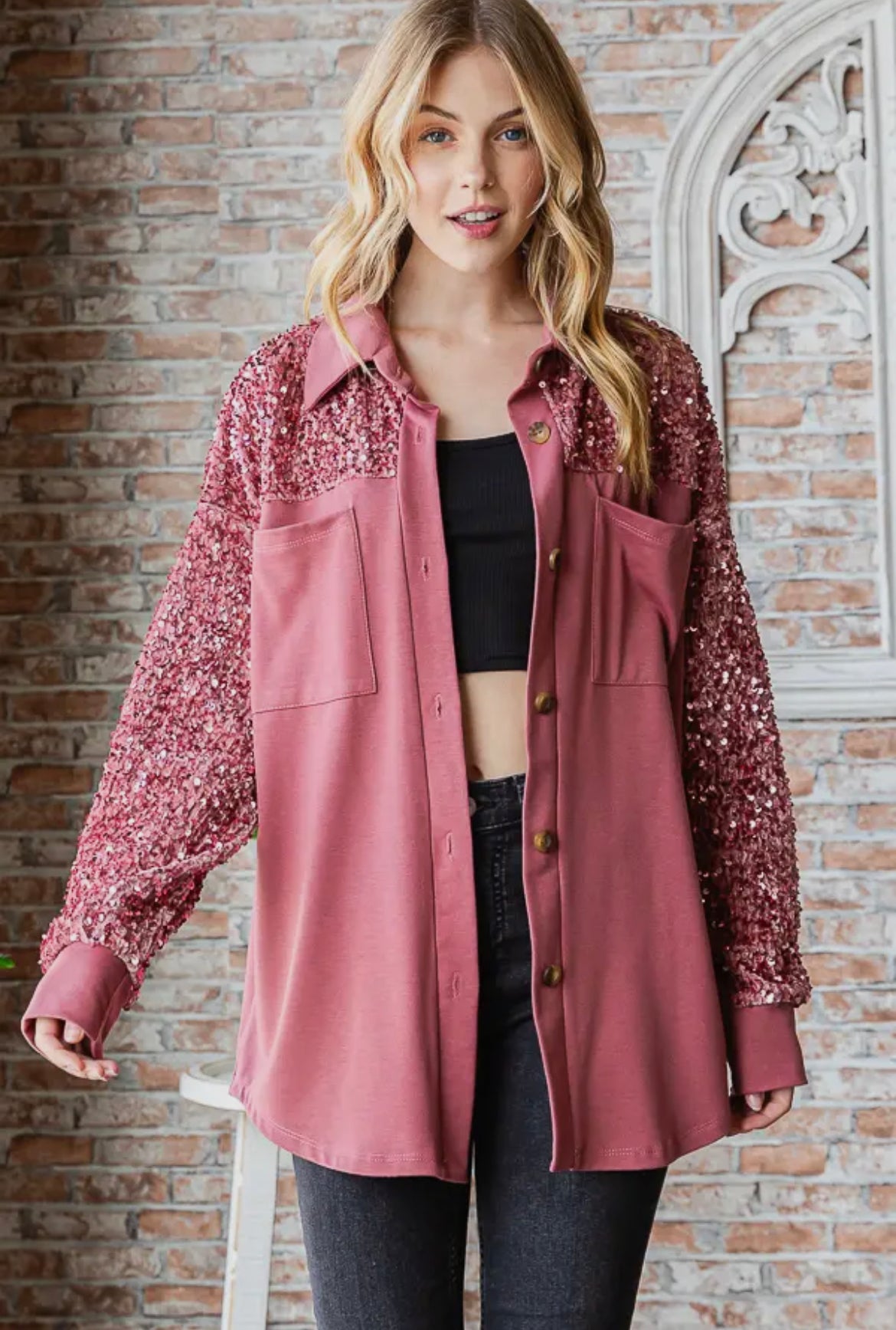 Pink Sequin Sleeve Shacket