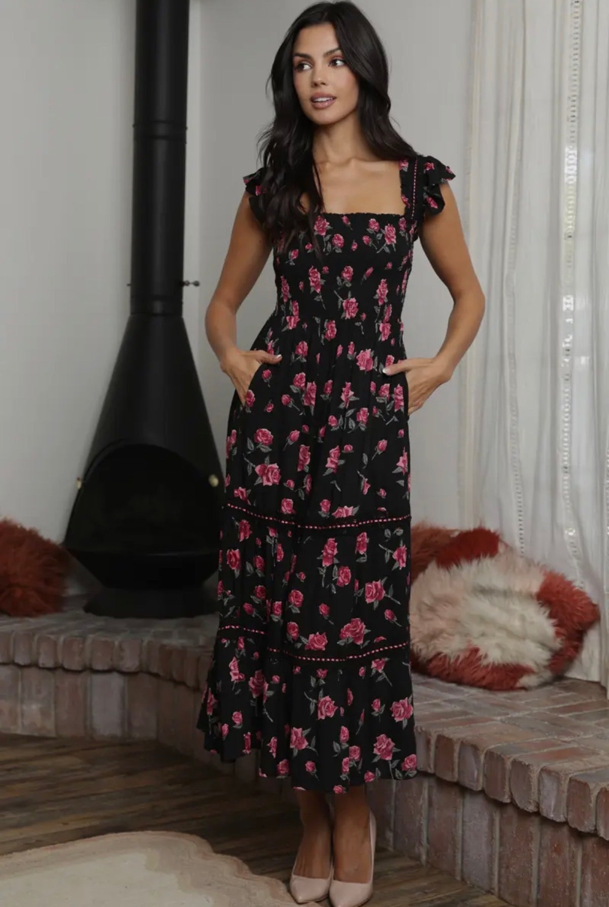 Black & Pink Floral Tiered Maxi Dress