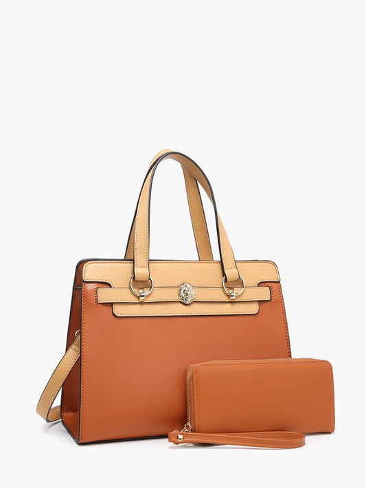 Lexie Two-Tone Satchel Vegan Leather Bag & Wallet Set