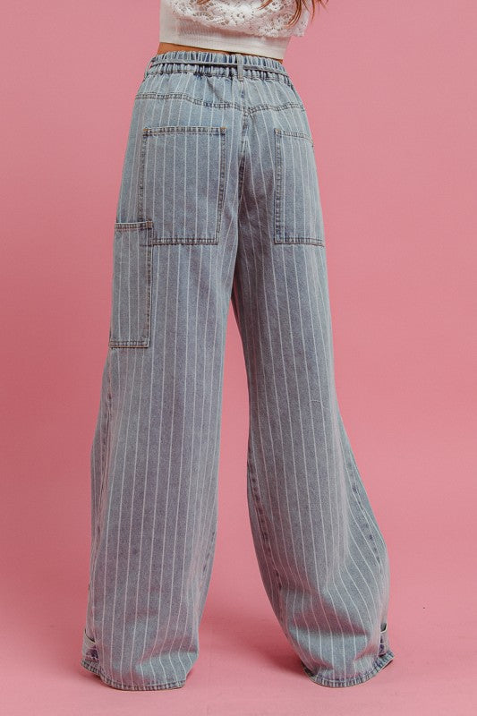 Vintage Striped Cargo Wide Leg Denim Pants