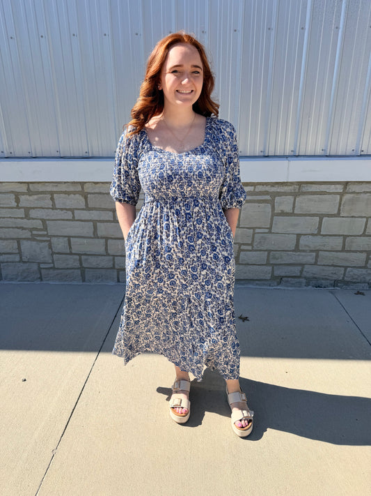 Blue Floral Smocked Midi Dress