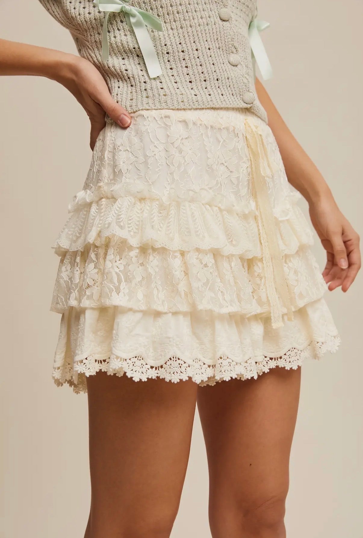 Cream Lace Tiered Ruffle Shorts